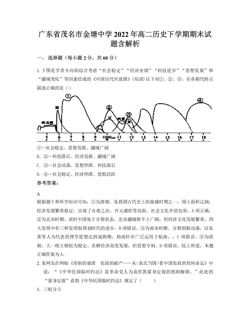 广东省茂名市金塘中学2022年高二历史下学期期末试题含解析