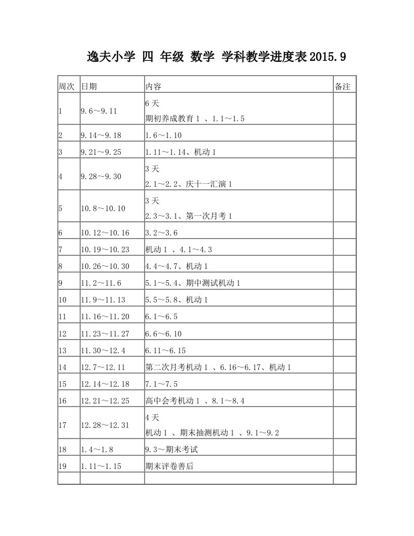 逸夫小学四年级数学学科教学进度表2015