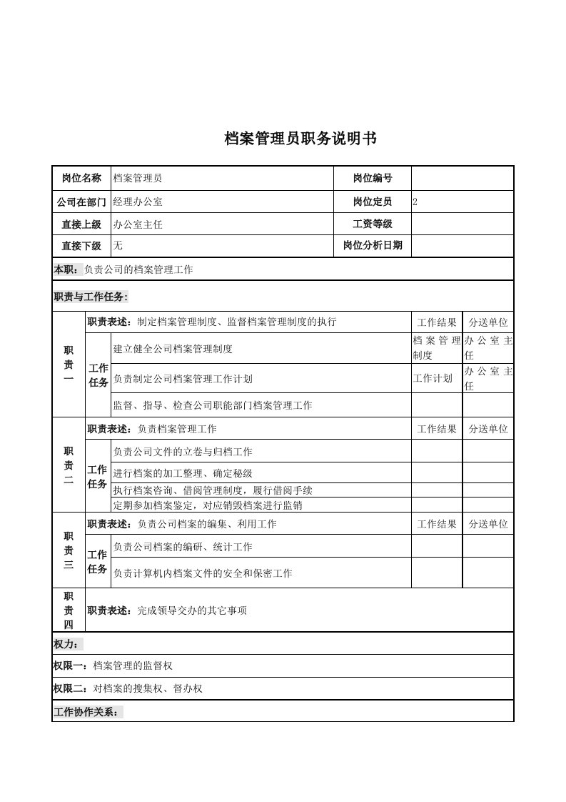 电力行业-电力公司档案管理员岗位说明书