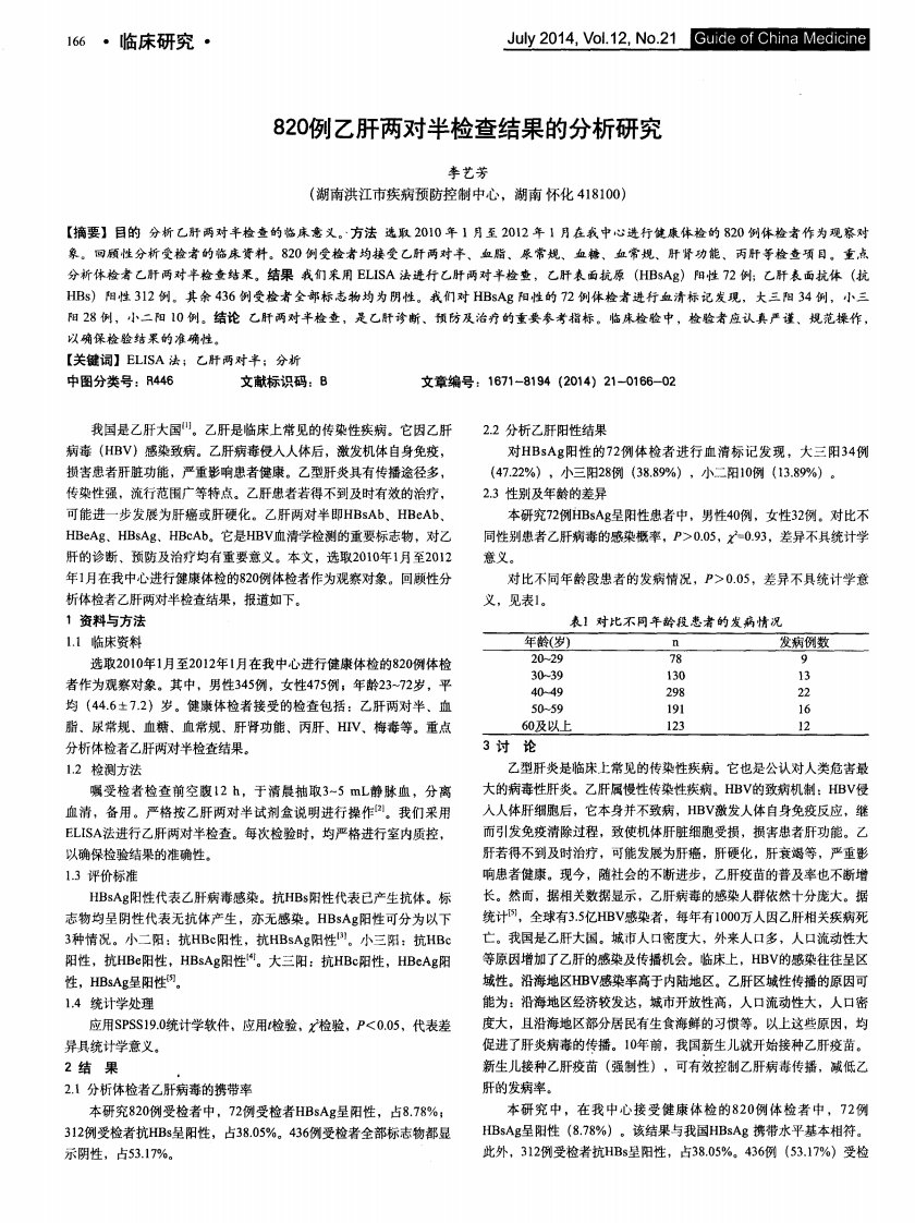 820例乙肝两对半检查结果的分析研究-论文