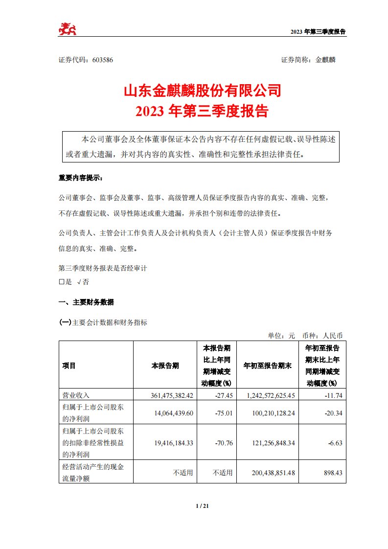 上交所-山东金麒麟股份有限公司2023年第三季度报告-20231027