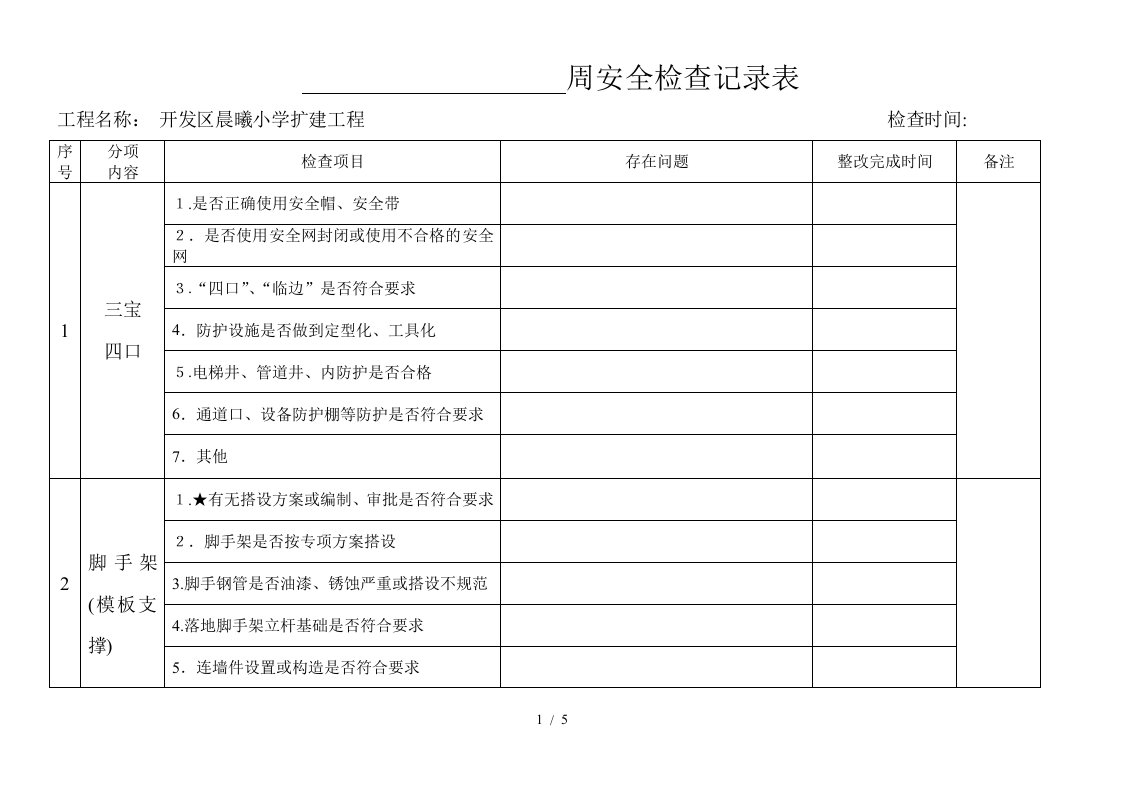 每周安全检查记录表