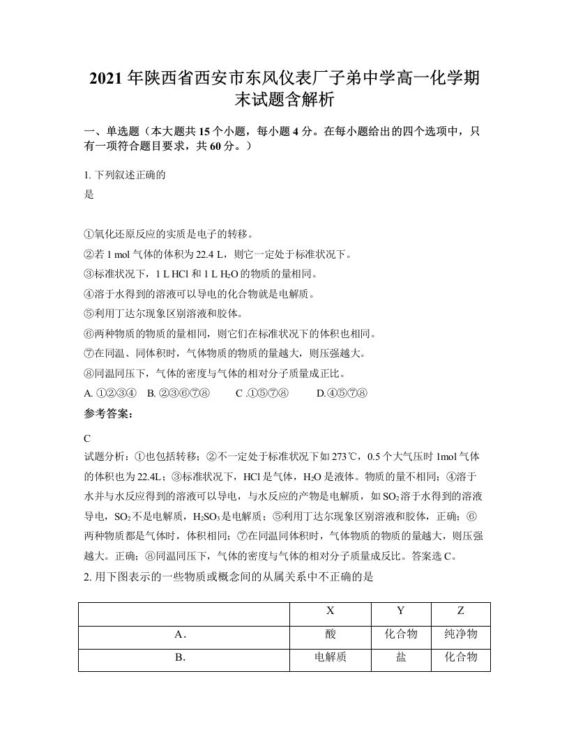 2021年陕西省西安市东风仪表厂子弟中学高一化学期末试题含解析