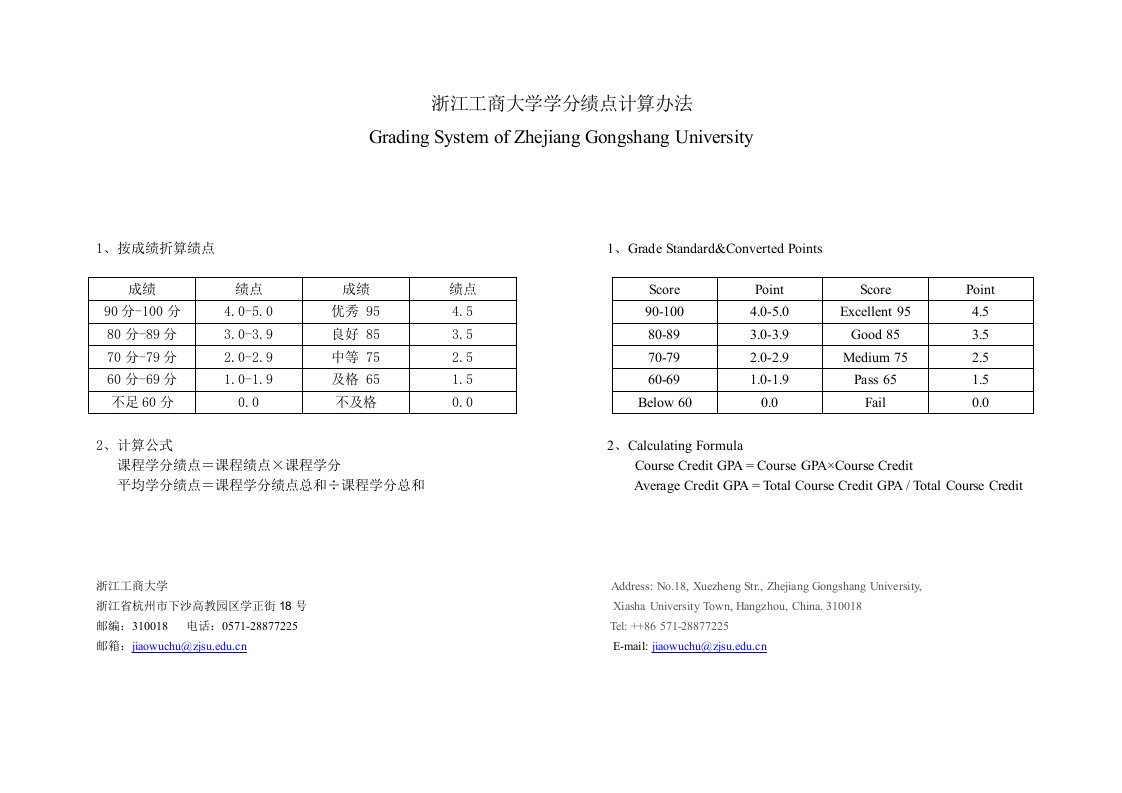 浙江工商大学学分绩点计算办法