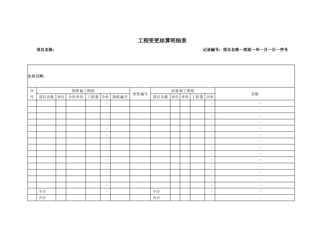 工程设计-13－工程设计变更结算明细表KWGWRZJ13