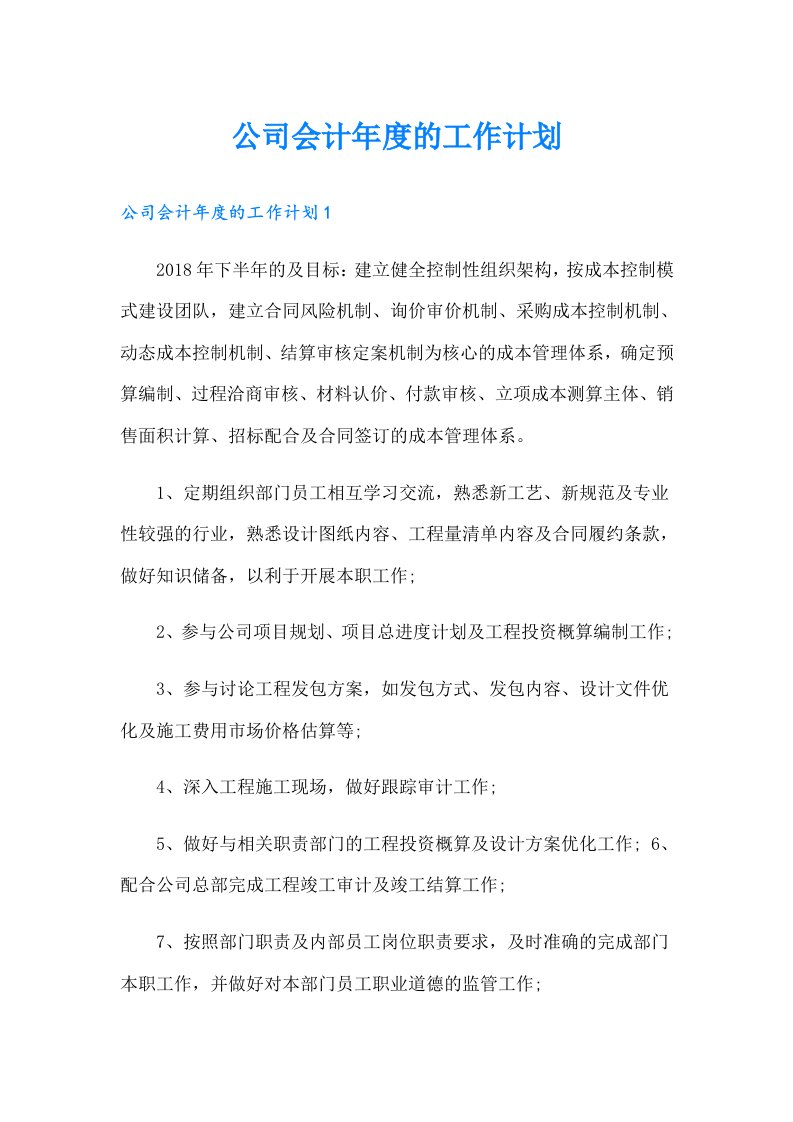 公司会计年度的工作计划