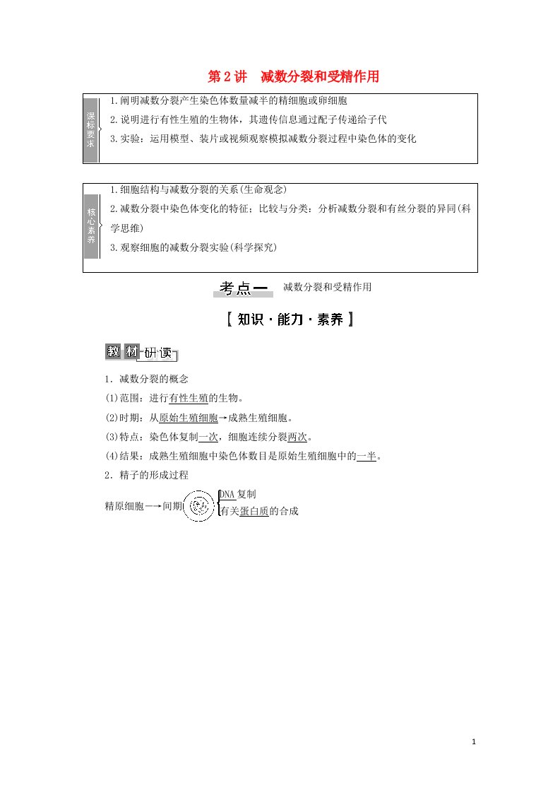 2022版高考生物一轮复习第4单元细胞的生命历程第2讲减数分裂和受精作用学案