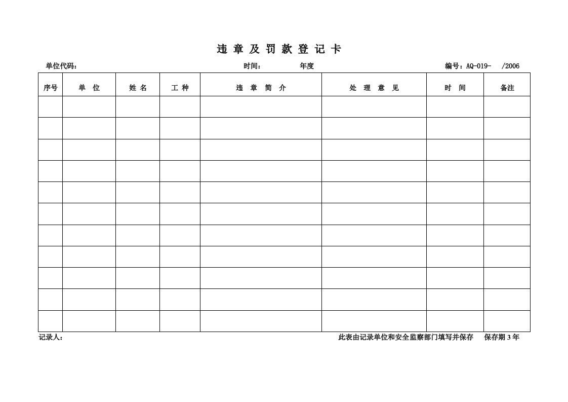 x公司2006年安全环境体系表格式样全套(51个doc)019违章及罚款登记卡-其它制度表格