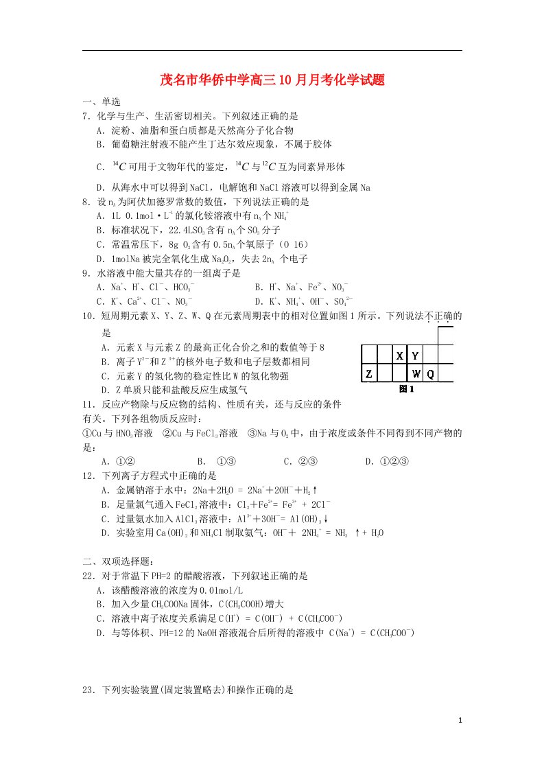 广东省茂名市华侨中学高三化学10月月考试题新人教版