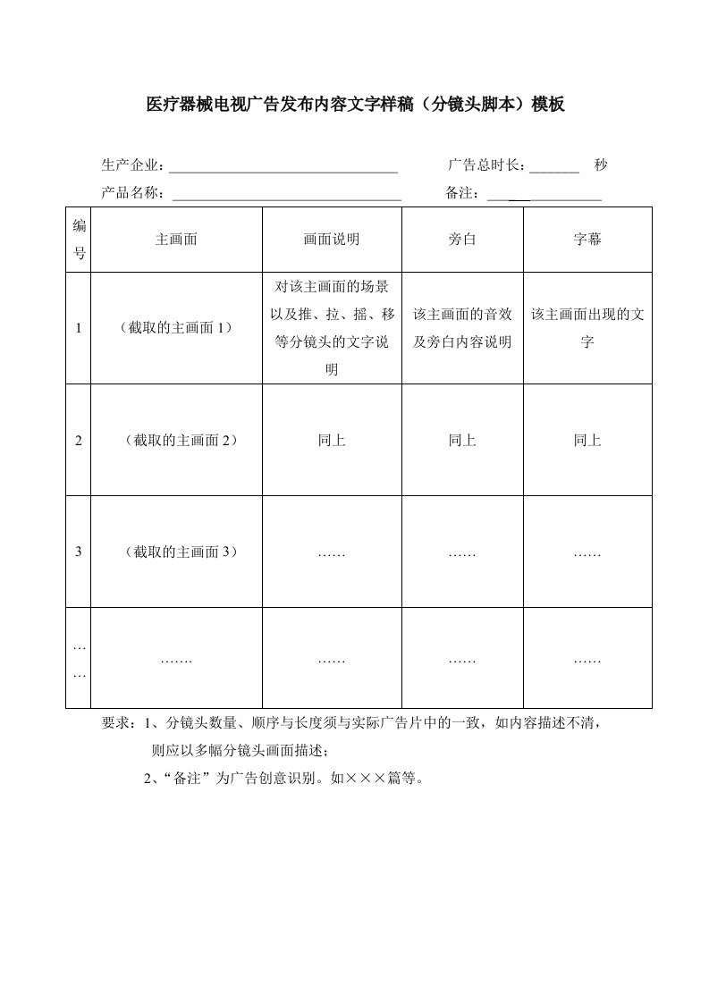 医疗器械电视广告发布内容文字样稿（分镜头脚本）模板