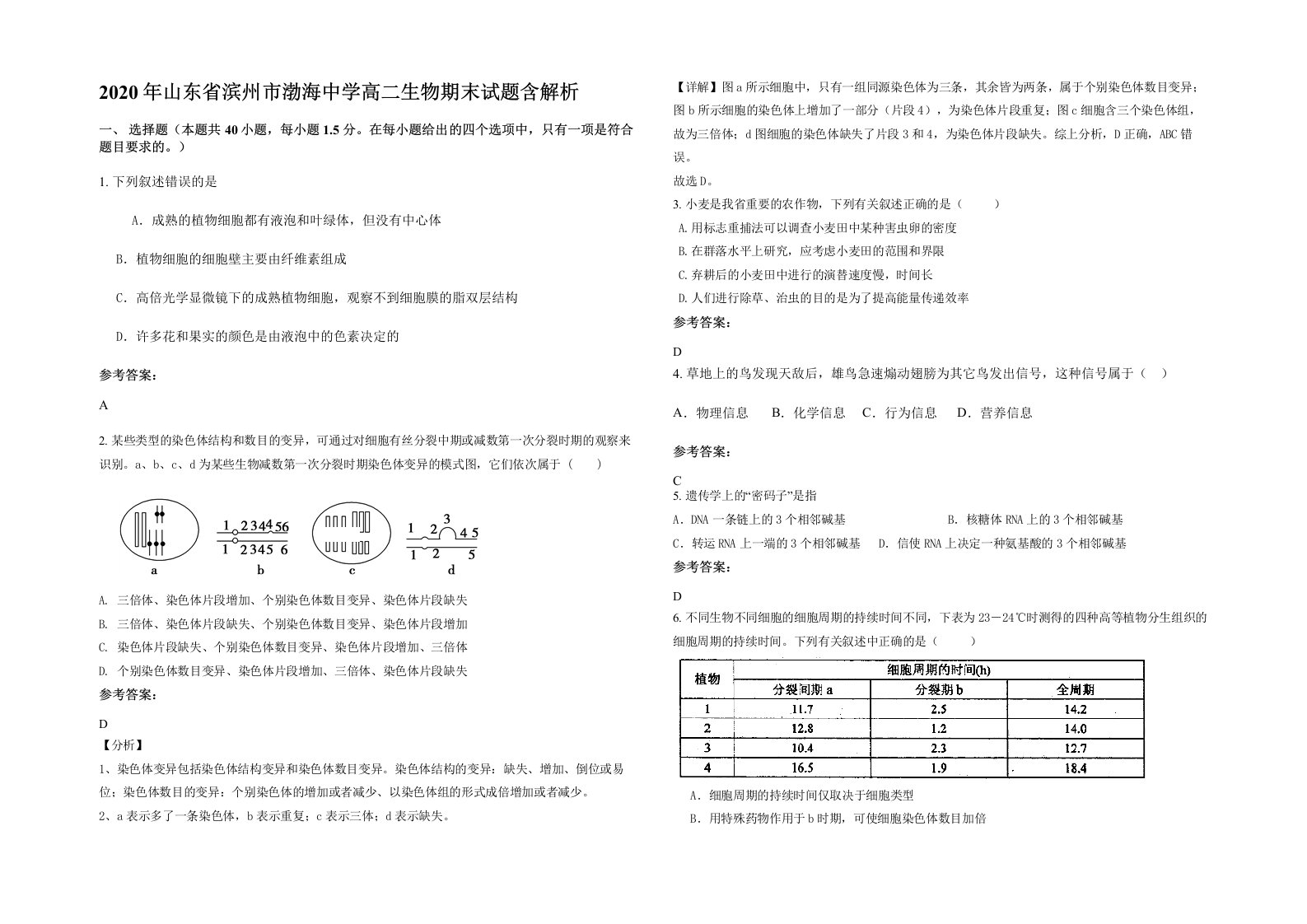 2020年山东省滨州市渤海中学高二生物期末试题含解析