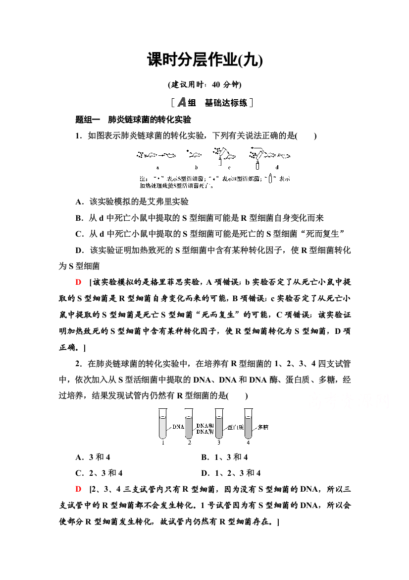 2020-2021学年新教材人教版生物必修2课时分层作业：3-1　DNA是主要的遗传物质