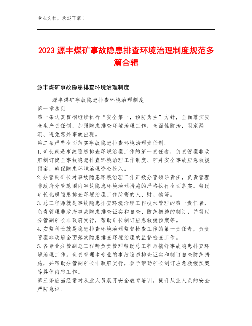 2023源丰煤矿事故隐患排查环境治理制度规范多篇合辑