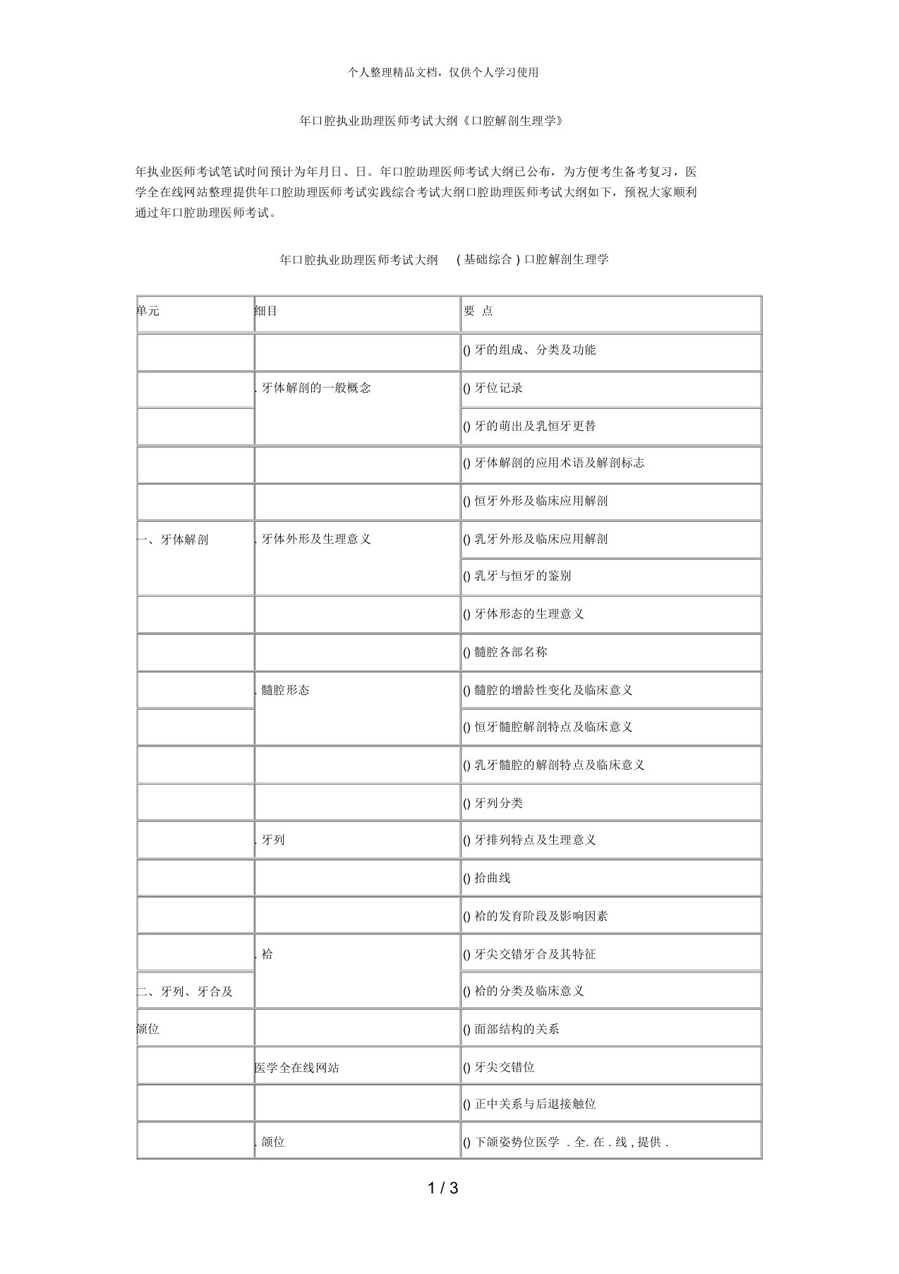 口腔执业助理医师考试大纲《口腔解剖生理学》