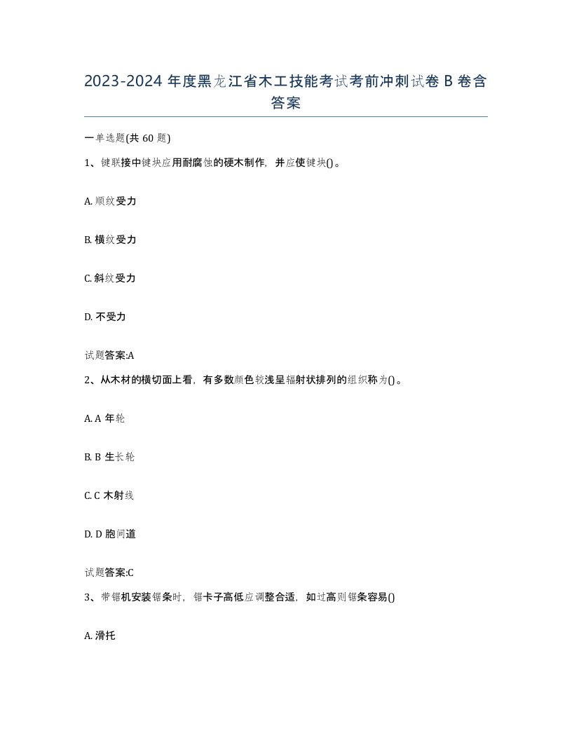 20232024年度黑龙江省木工技能考试考前冲刺试卷B卷含答案