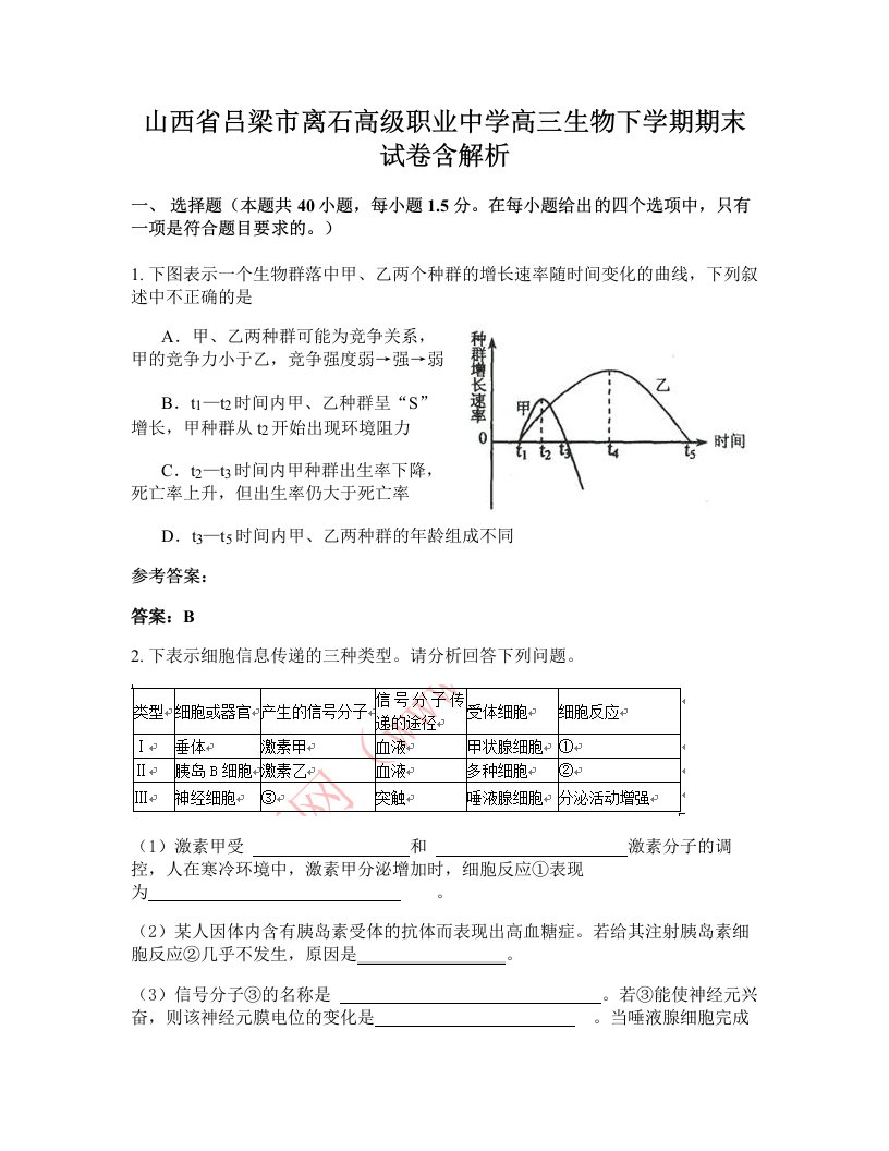 山西省吕梁市离石高级职业中学高三生物下学期期末试卷含解析