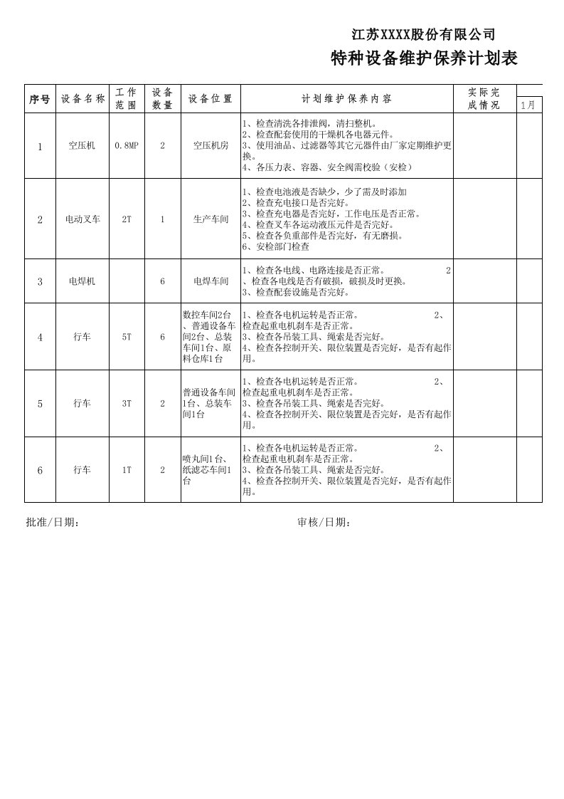 特种设备维护保养计划表