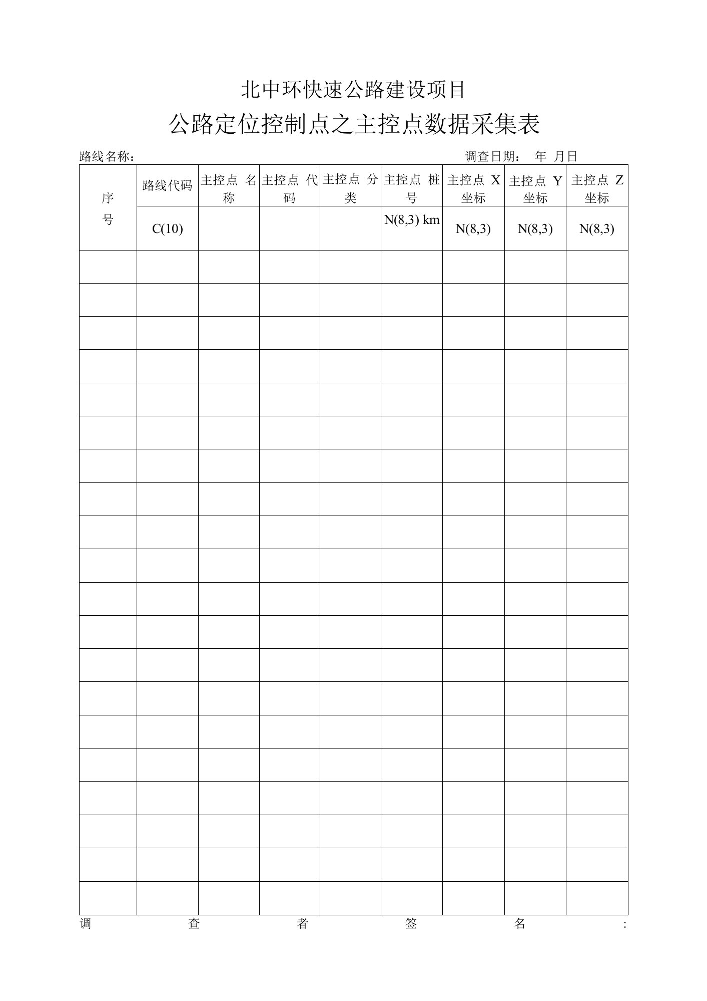 公路定位控制点之主控点数据采集表