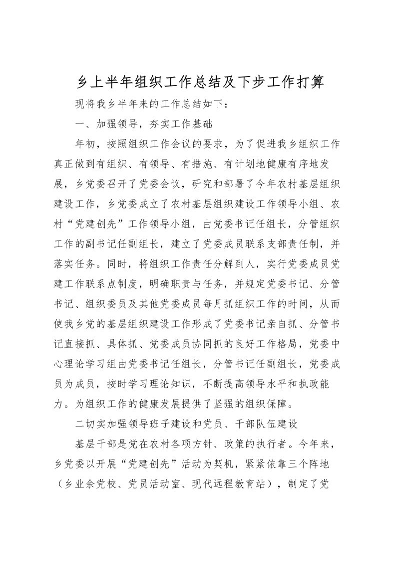 2022乡上半年组织工作总结及下步工作打算