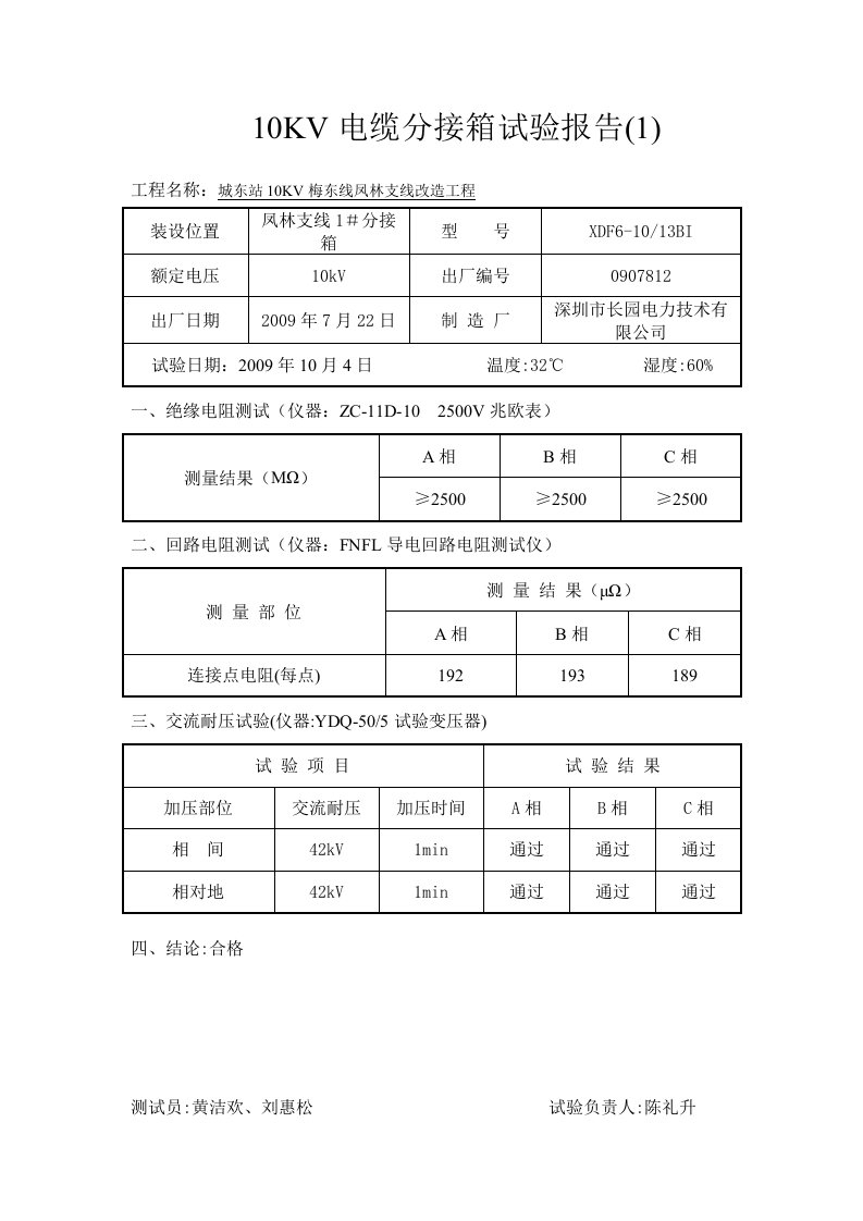 10KV电缆分接箱试验报告