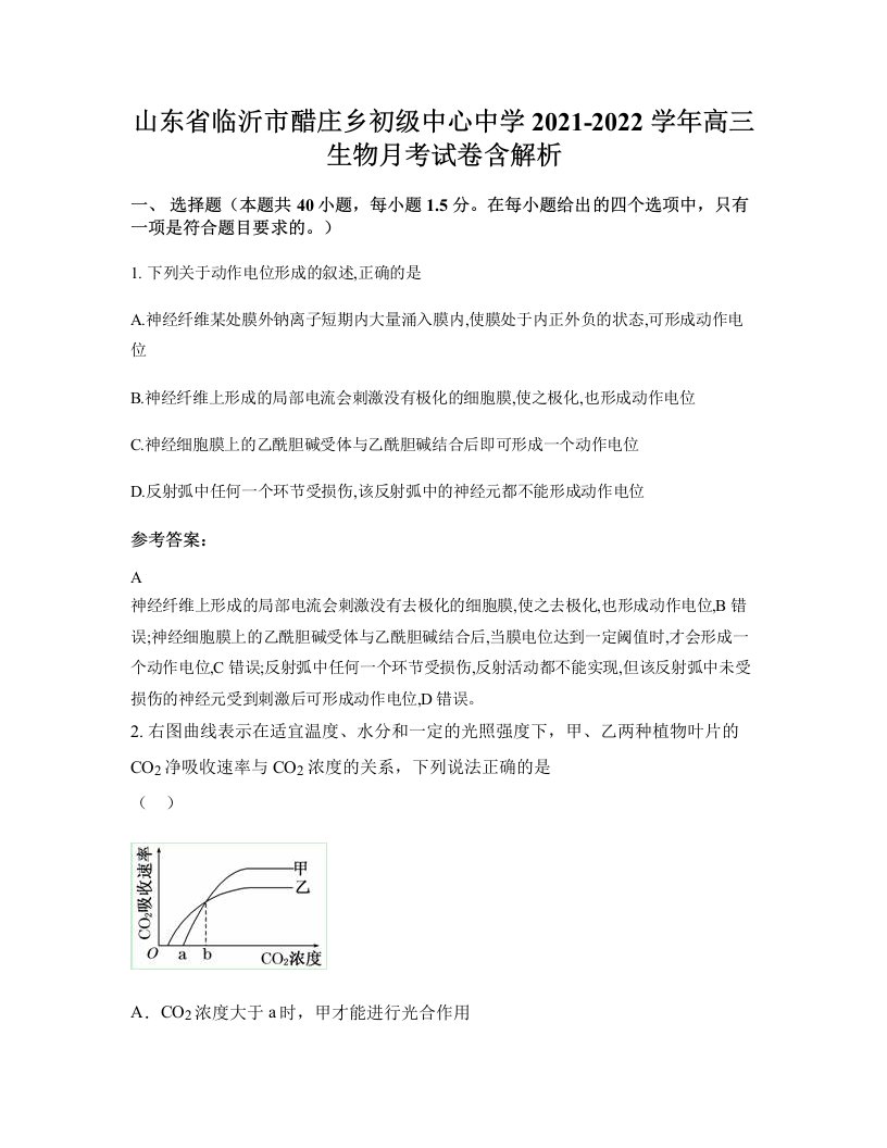 山东省临沂市醋庄乡初级中心中学2021-2022学年高三生物月考试卷含解析