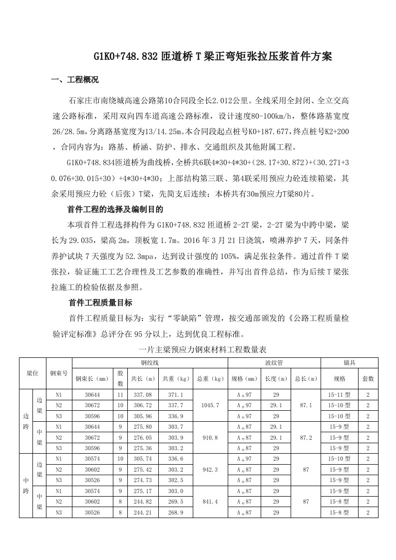 特大桥T梁正弯矩束张拉首件方案