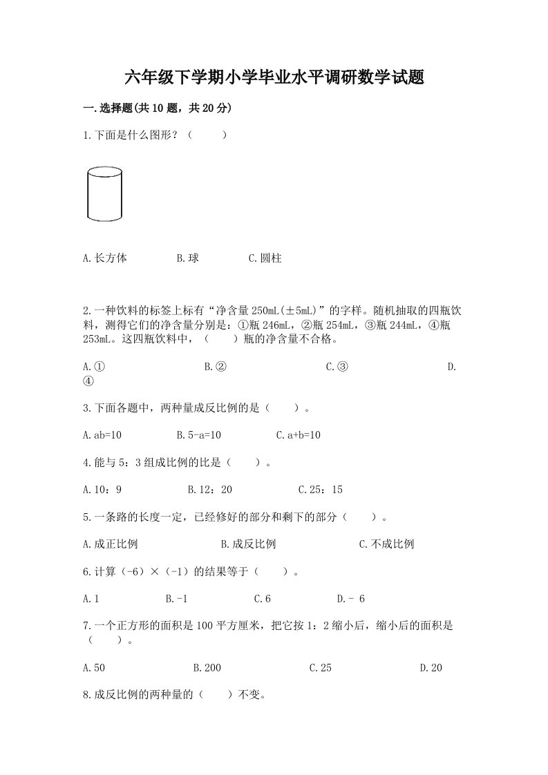 六年级下学期小学毕业水平调研数学试题含完整答案【有一套】