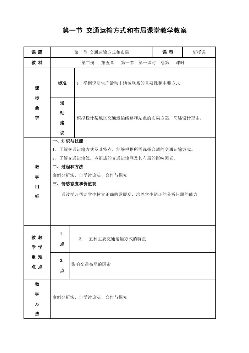 地理：5.1《交通运输方式和布局》教案1（人教版必修2）