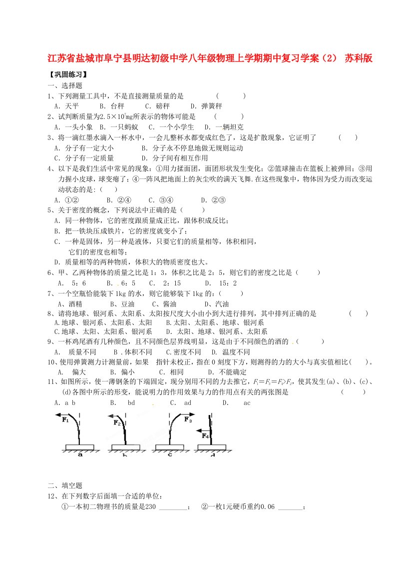 江苏省盐城市阜宁县明达初级中学八年级物理上学期期中复习学案