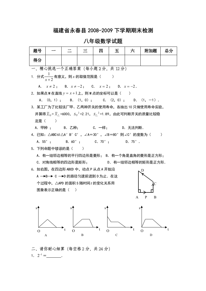 【小学中学教育精选】福建永春09-10下期末检测八年级--数学