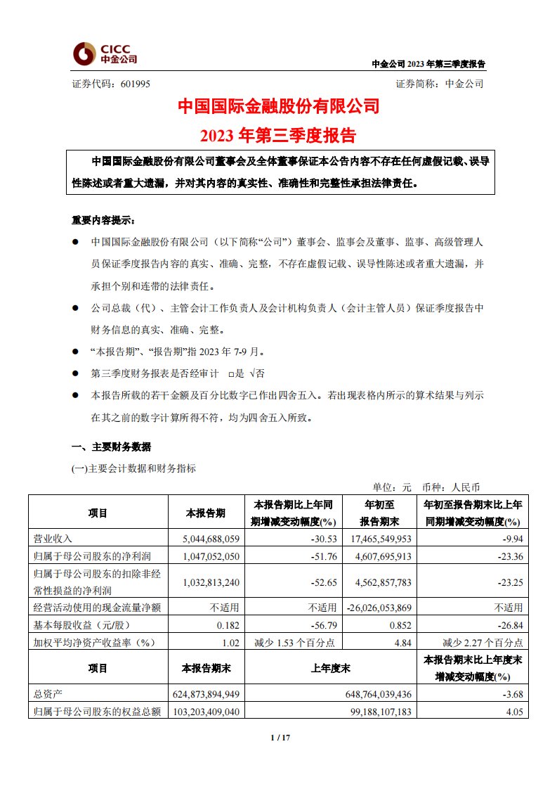 上交所-中金公司2023年第三季度报告-20231030