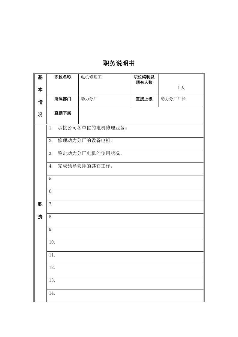 动力分厂电机修理工岗位职责