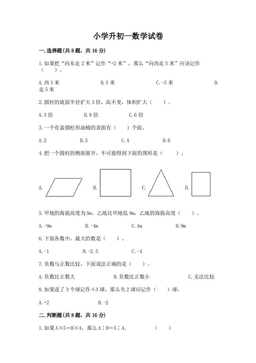 小学升初一数学试卷及答案（夺冠）