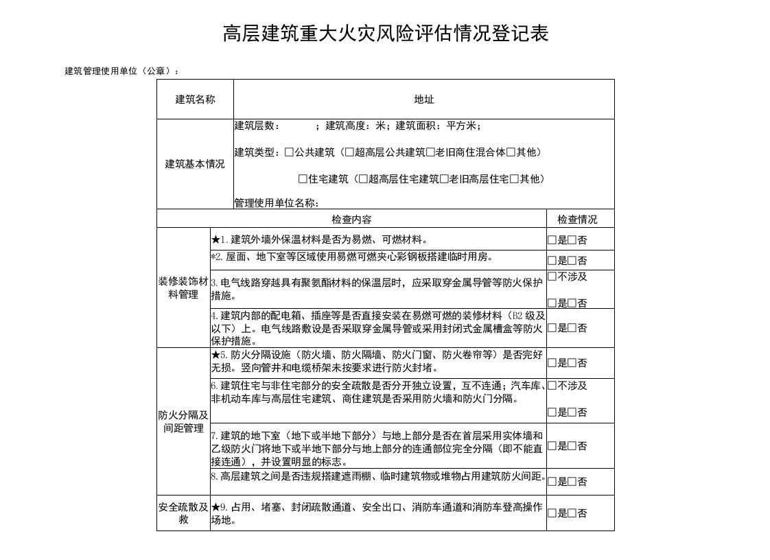 高层建筑重大火灾风险评估情况登记表