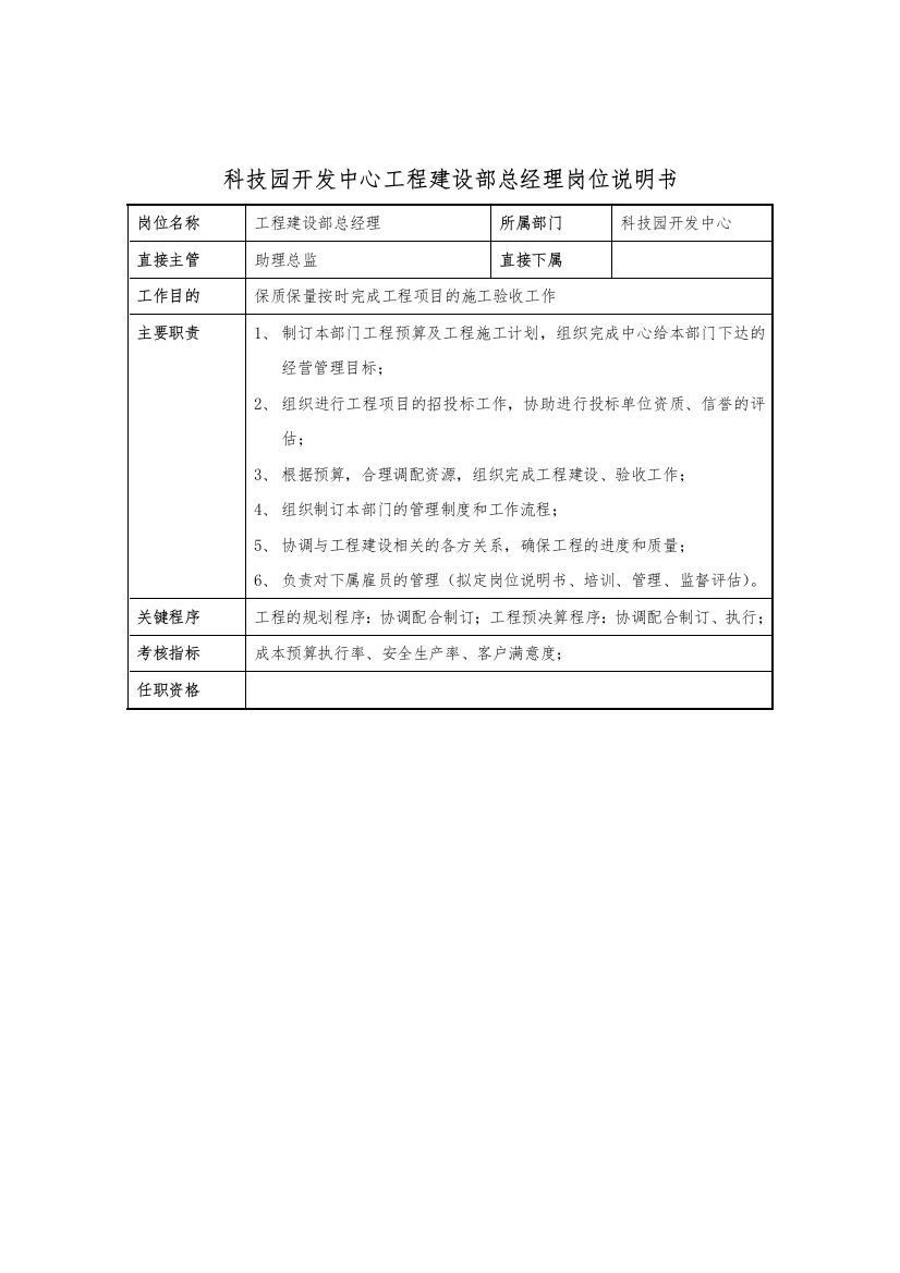 科技园开发中心工程建设部总经理岗位说明书