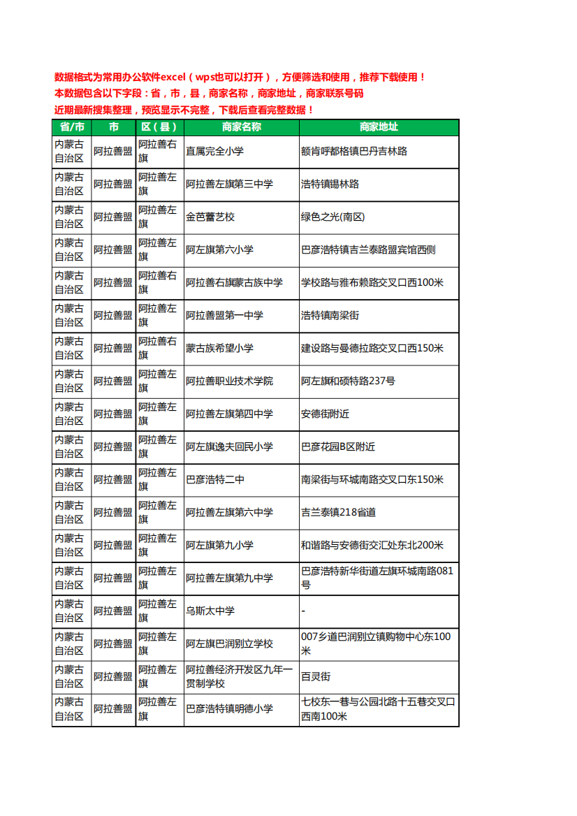 2020新版内蒙古自治区阿拉善盟学校工商企业公司商家名录名单黄页联系电