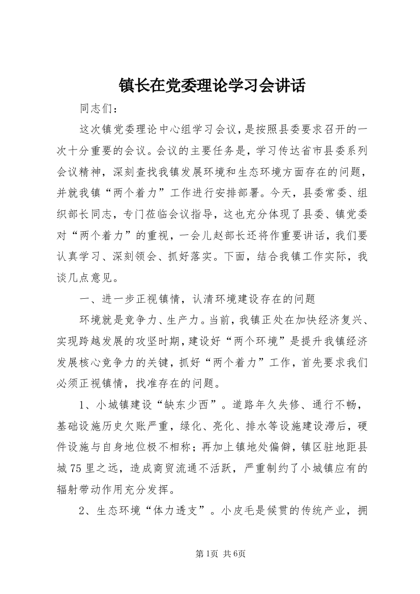 镇长在党委理论学习会讲话