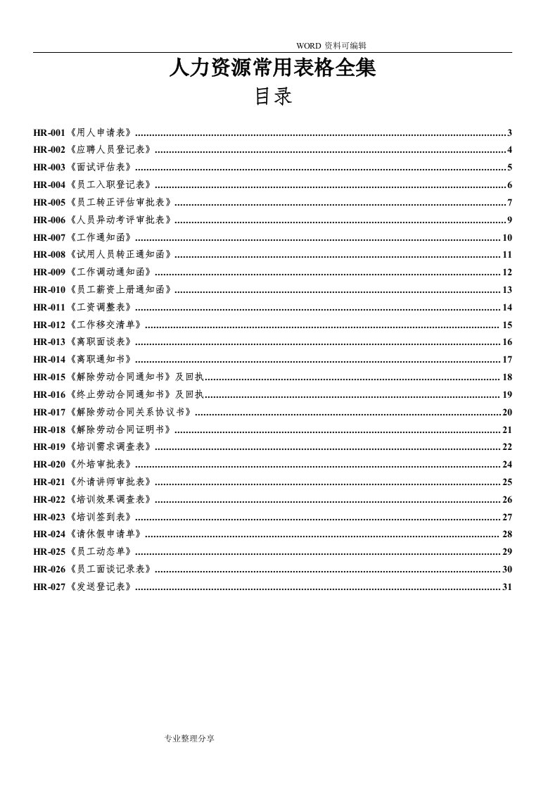 人事部常用表格全集