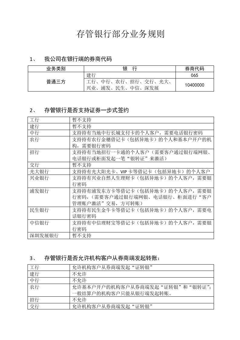 证券公司存管银行业务规则