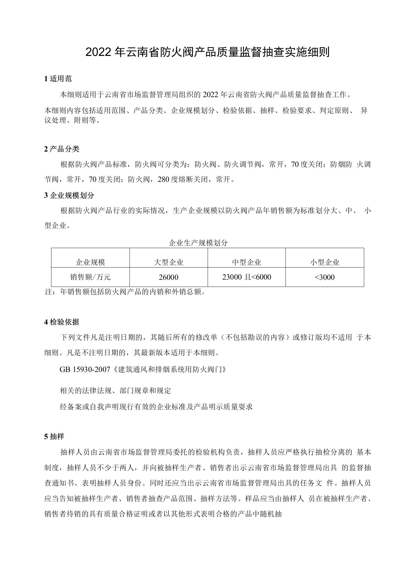 2022年云南省防火阀产品质量监督抽查实施细则