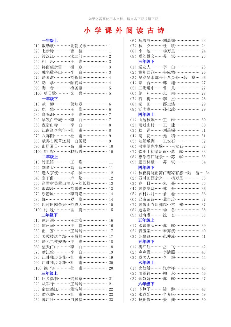 小学一到六年级课外必背古诗