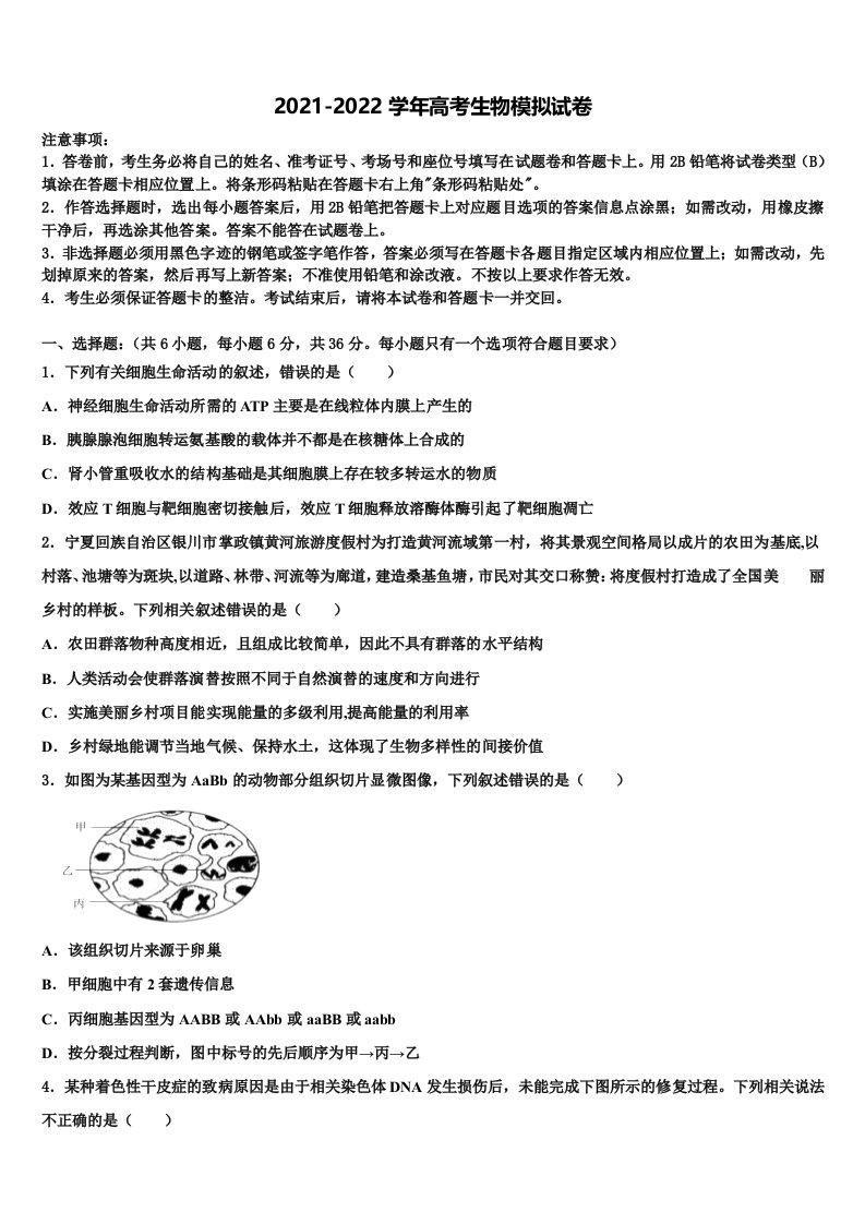 山西省晋城市2022年高三3月份第一次模拟考试生物试卷含解析