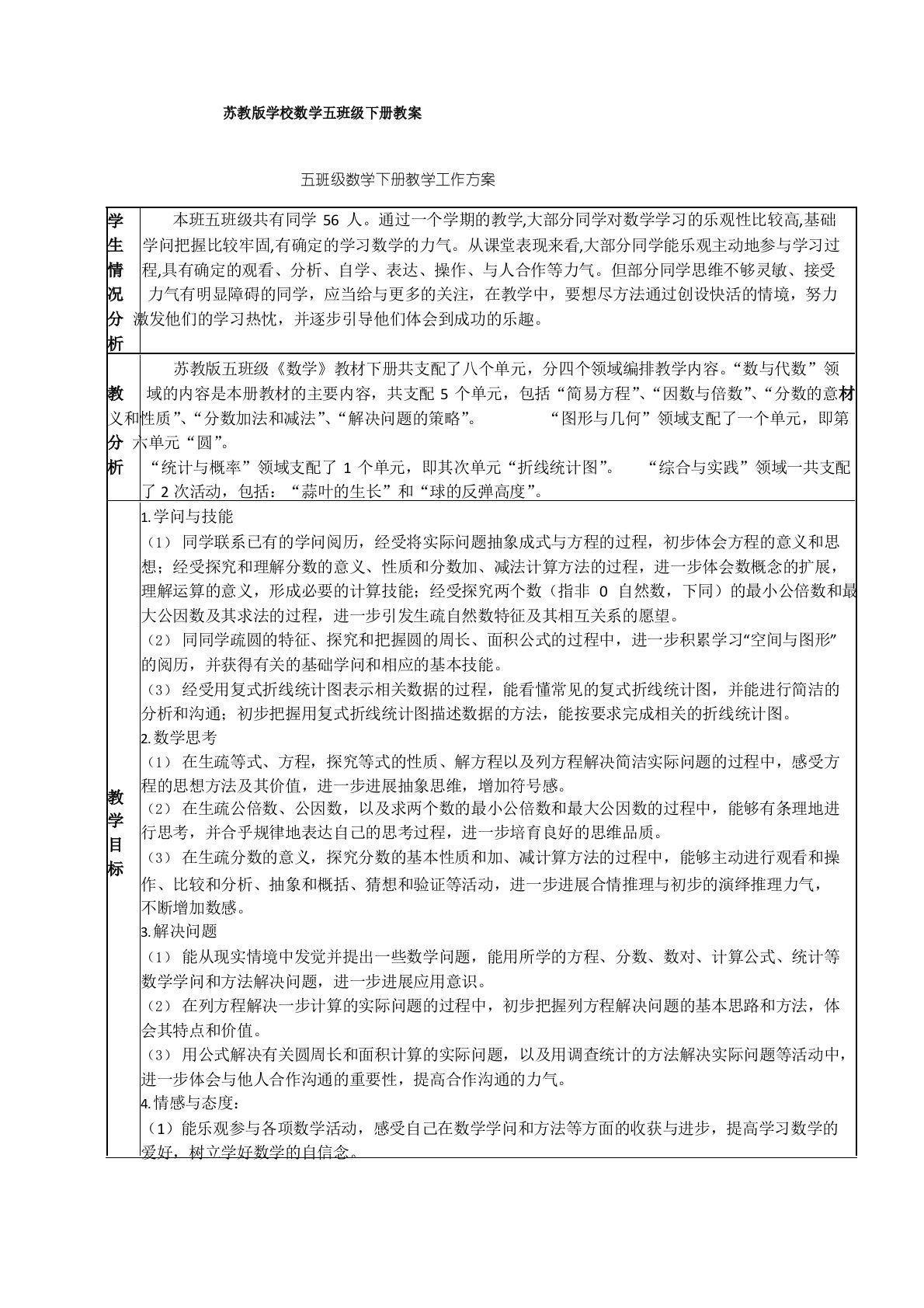 2019苏教版小学数学五年级下册教学计划进度表和单元计划