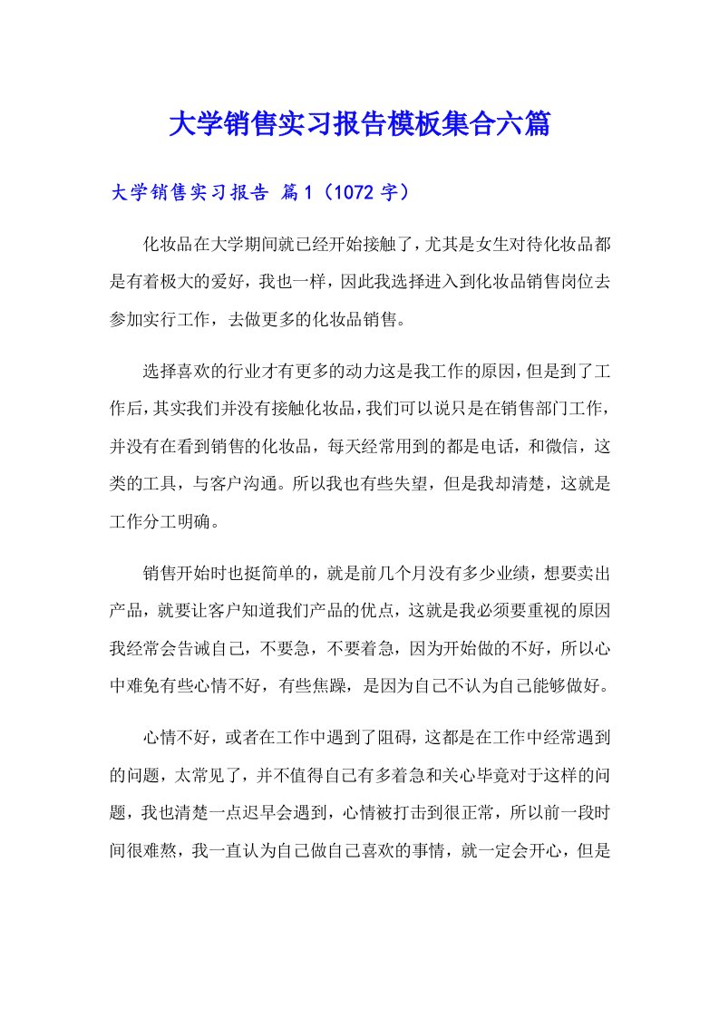 大学销售实习报告模板集合六篇