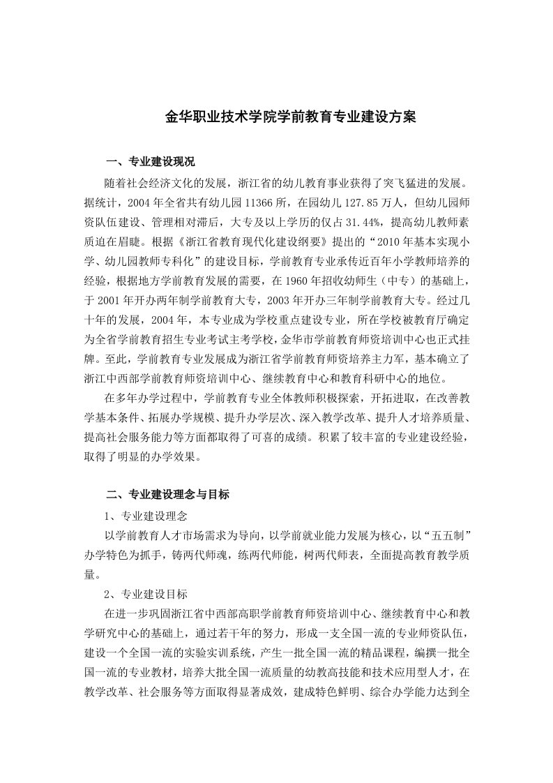 金华职业技术学院学前教育专业建设方案