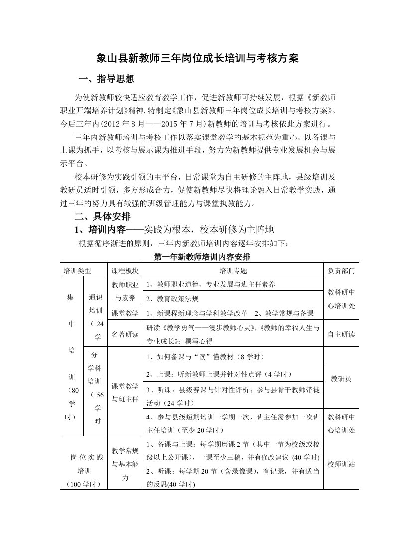 象山县新教师三年岗位成长培训与考核方案