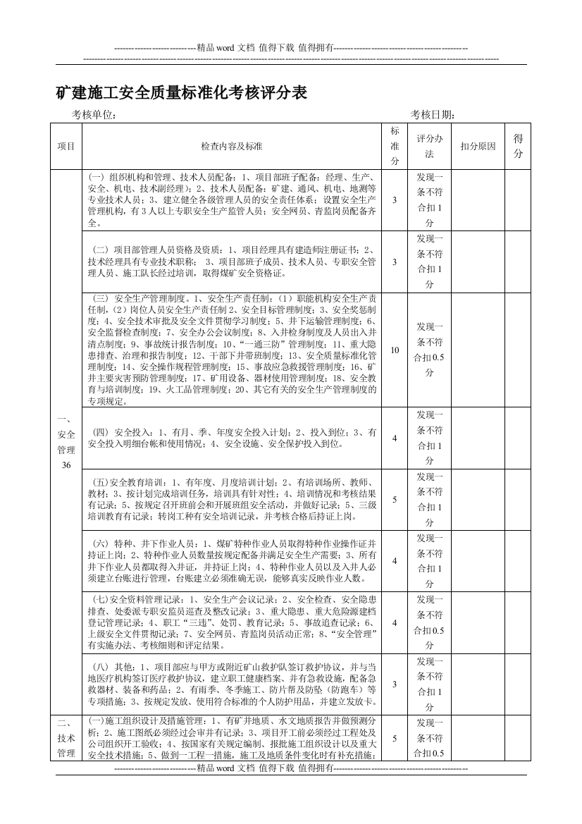 矿建施工安全质量标准化考核评分表[1]1.