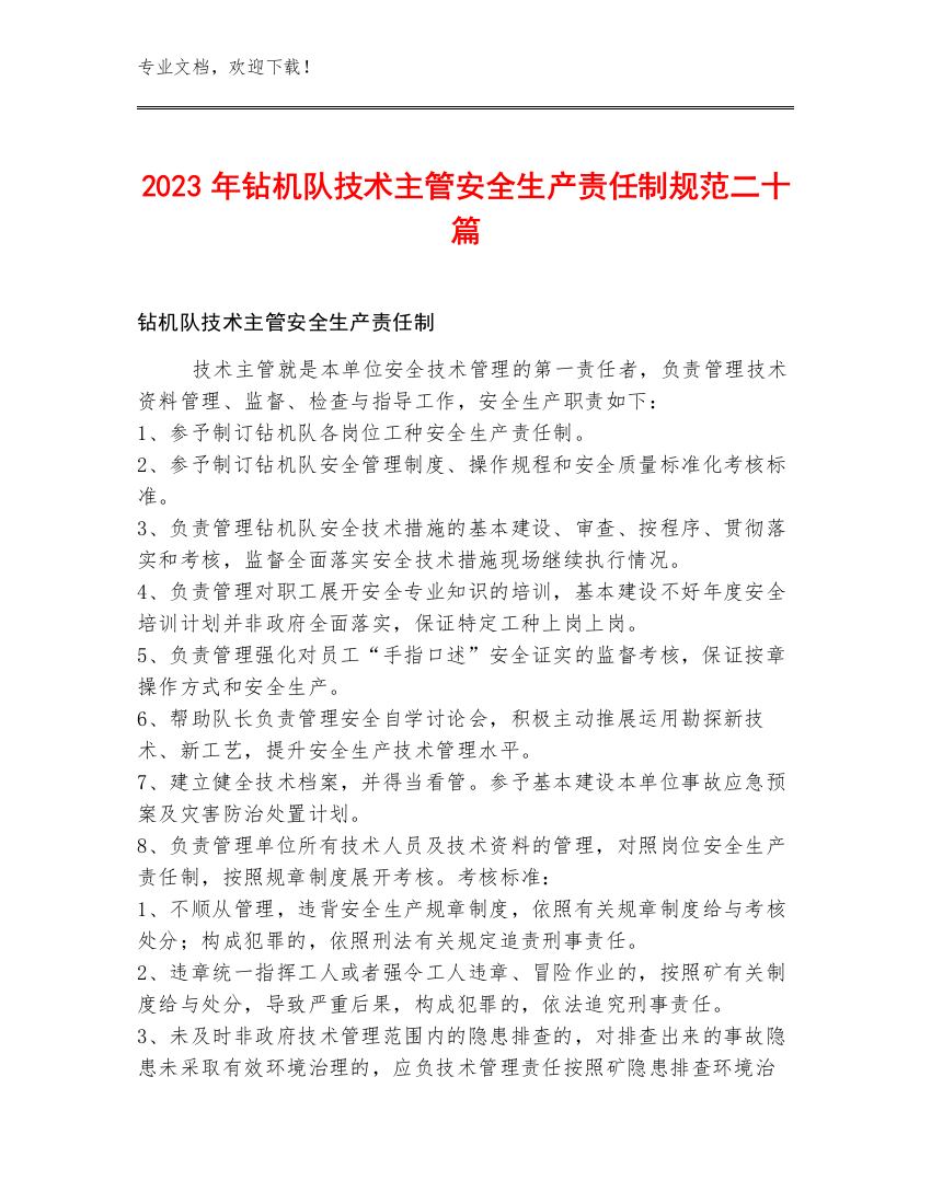 2023年钻机队技术主管安全生产责任制规范二十篇