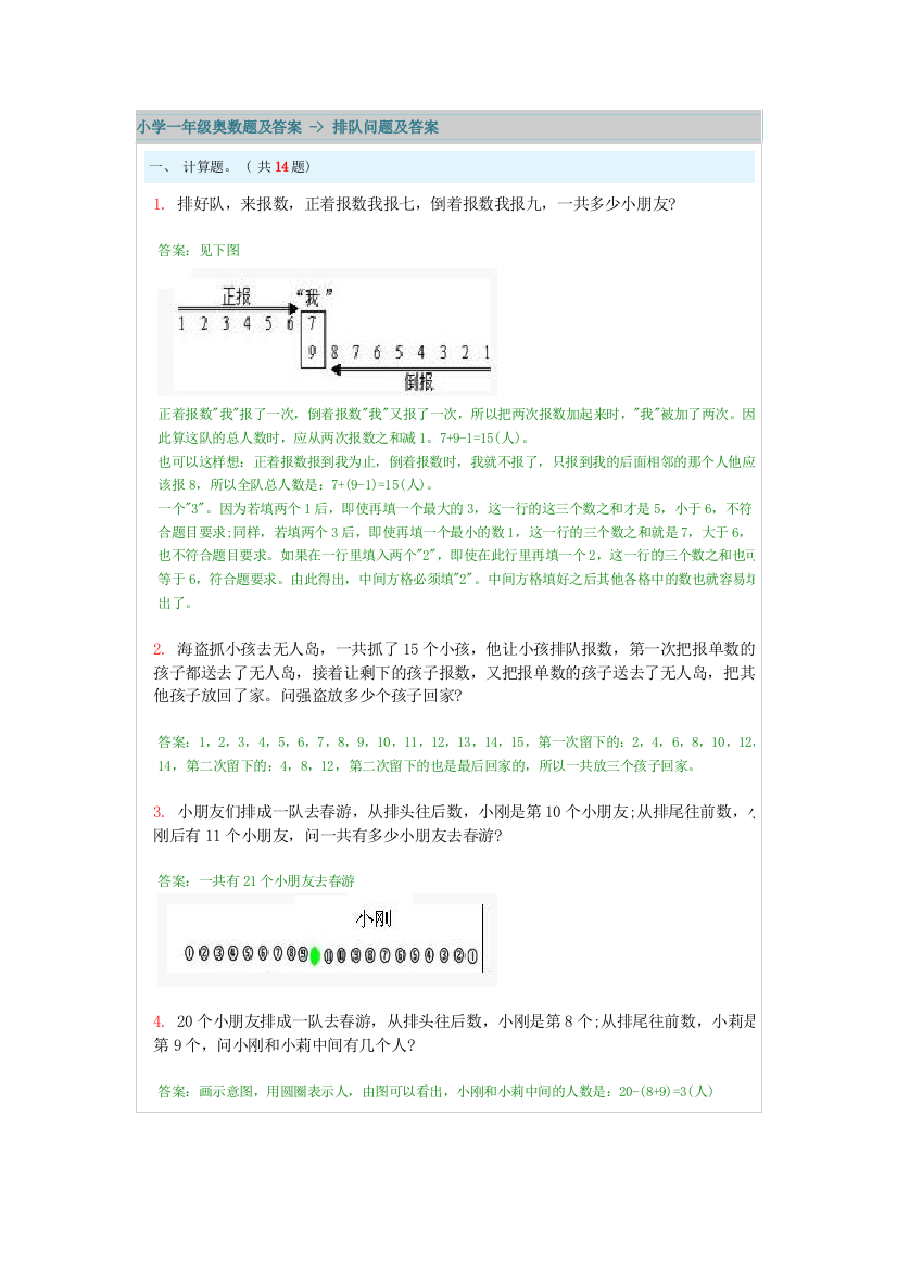 小学一年级奥数题及答案排队问题