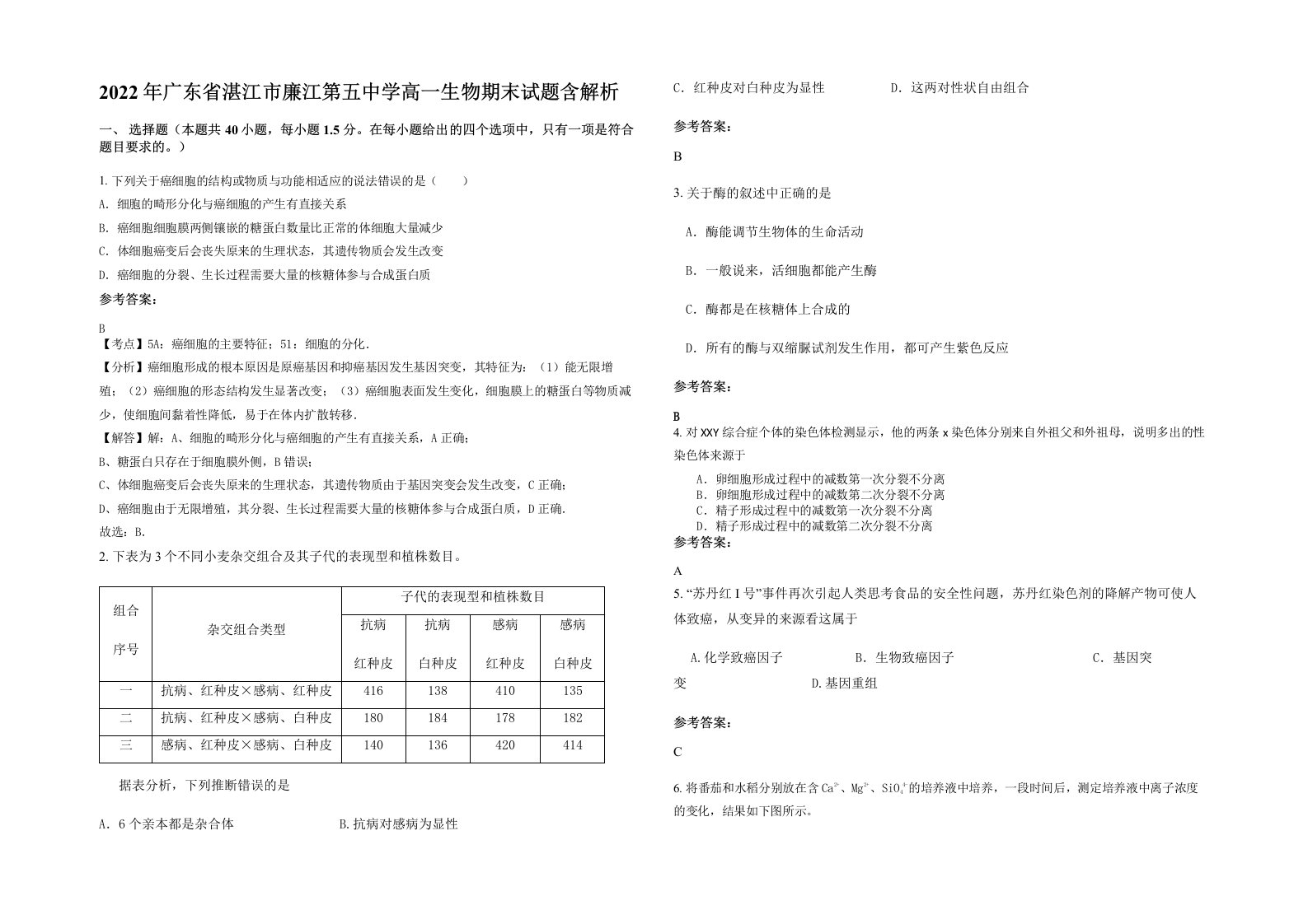 2022年广东省湛江市廉江第五中学高一生物期末试题含解析